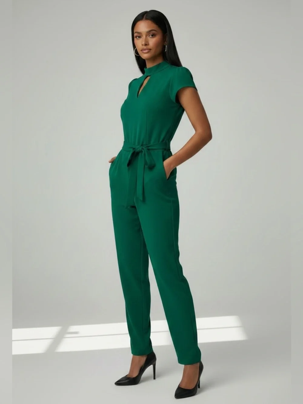 New York & Company Green Keyhole Tie-Waist Jumpsuit - Picture 2 of 7